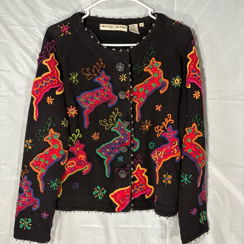 Vtg Michael‎ Simon Sweater Womens 2 Knit Embroidered Beaded Reindeer Cardigan 94